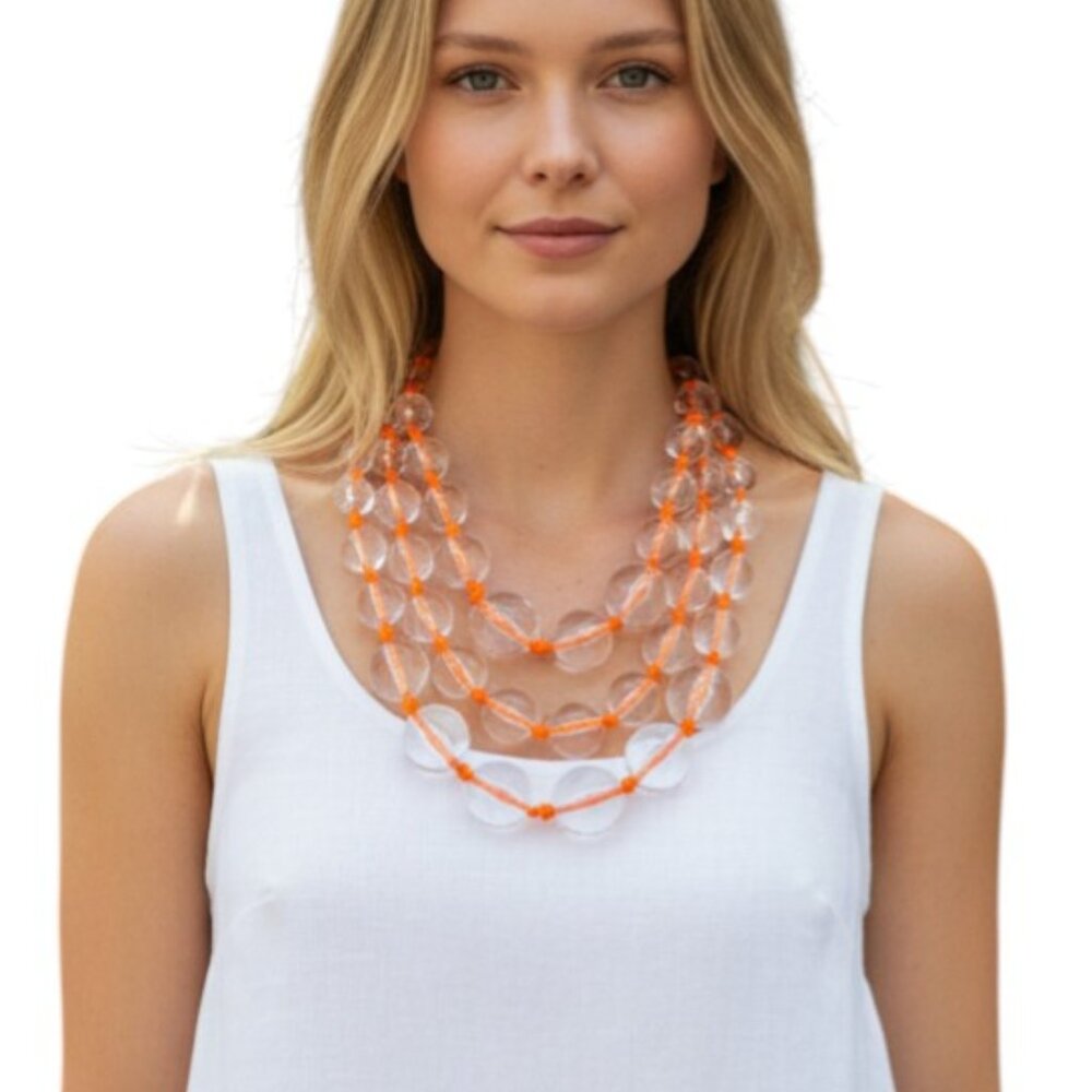 Women's Chucky Lucite 3 Layered Orange Ribbon Statement Necklace NWOT